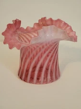 FENTON CRANBERRY SWIRL SPIRAL OPTIC RUFFLED TOP HAT VASE - 1948-54,  4-1/2"