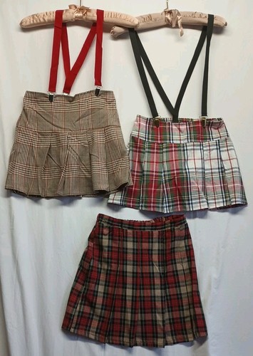 Lot Of 3 Vintage 90s Girl Pleated Skirt Shorts 12/14 Suspenders School Girl Prep