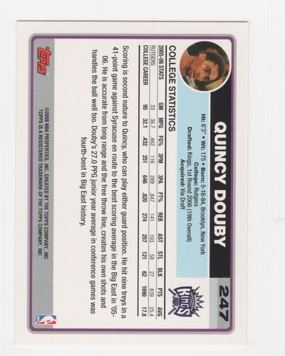 2006-07 TOPPS BASKETBALL ROOKIE QUINCY DOUBY SACRAMENTO KINGS #247 - Picture 2 of 2