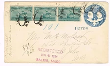 COLUMBIAN EXPOSITION ISSUE-POSTAL ENVELOPE-Sc#U348-UPRATED-Sc#232(strip of 3)-SA