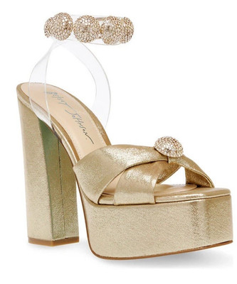 Betsey Johnson Gold Mason Platform Sandals Heels Womens 8 M Rhinestones Baubles
