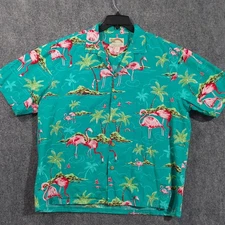 Paradise Found Hawaiian Shirt Mens XL Teal Flamingo Palm Tree Aloha Cotton