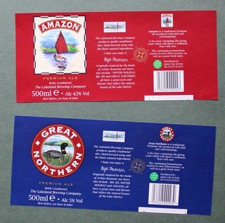 LAKELAND BREWERY BEER BOTTLE LABELS KENDAL CUMBRIA. AMAZON & GREAT NORTHERN.