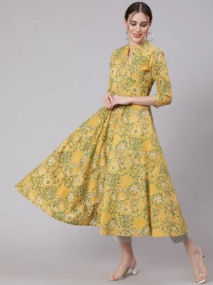 Indian Women Yellow Cotton Floral Printed A-Line Kurta Kurti Gotta Patti Dress - Image 1 of 4