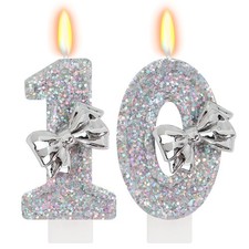 Silver Bow Birthday Candles - Number 10 Candle with Shiny Glitter, Girl Slive...