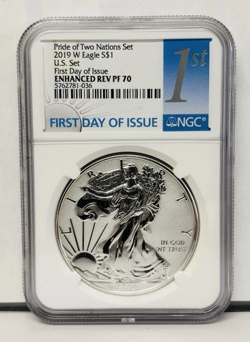 2019 W ENHANCED REVERSE PROOF SILVER EAGLE FDI NGC PF70 PRIDE OF TWO NATIONS SET