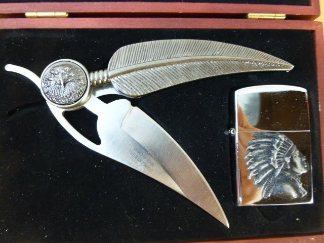 Juego de cuchillos y encendedores de plumas de acero inoxidable nativos americanos en caja de madera (NUEVO) Foto 2 de 4