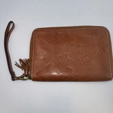 U Of Michigan JML Embossed Cowhide Leather Wristlet Wallet 7.5X5.25X1 Brown