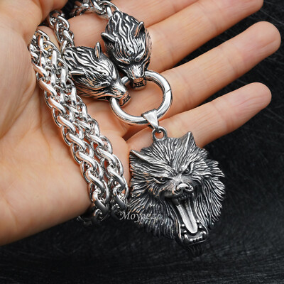 #ad Mens 20 Inch Stainless Steel Viking Wolf Head Pendant Necklace Heavy Men 28 Inch $14.24