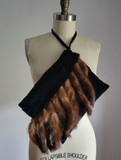 VINTAGE BLACK VELVET MUFFLER HAND WARMER with GENUINE MINK FUR TAILS