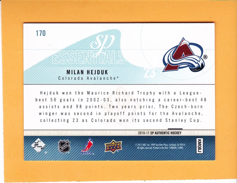MILAN HEJDUK 2010-11 SP AUTHENTIC ESSENTIALS SP 1999 AVALANCHE #170 NM-MT - Image 2 of 2
