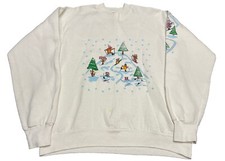 Vintage Christmas Sweatshirt Bears Skiing Pullover White Crewneck L C6