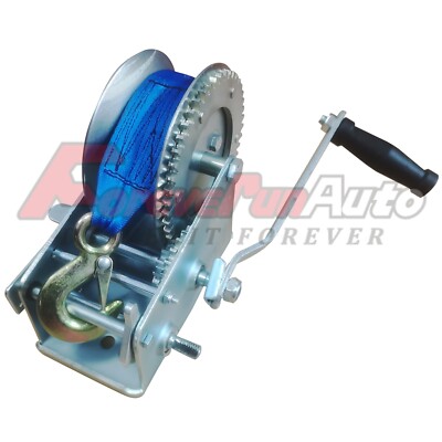3200LBS Hand Winch 2 Gear Hand Crank Polyester Strap ATV Trailer Boat Heavy Duty
