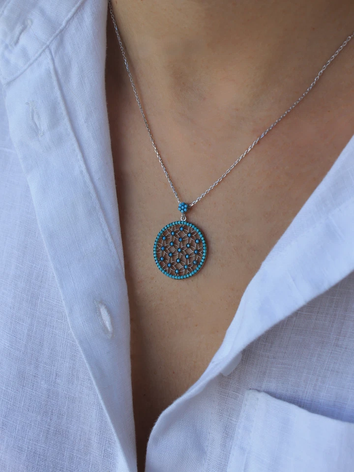 14K Gold Plated 925 Sterling Silver Turquoise Stone Flower of Life Necklace - Image 4 of 4