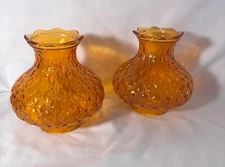 VTG   MCM 6" Amber Glass Diamond Quilted Pattern Chimney Lamp Shade Set of 2
