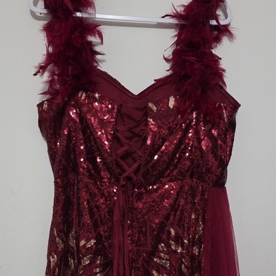 burgundy dress with feather trim Feather Trim Velvet Mini Dress - Black & Burgundy main image 1