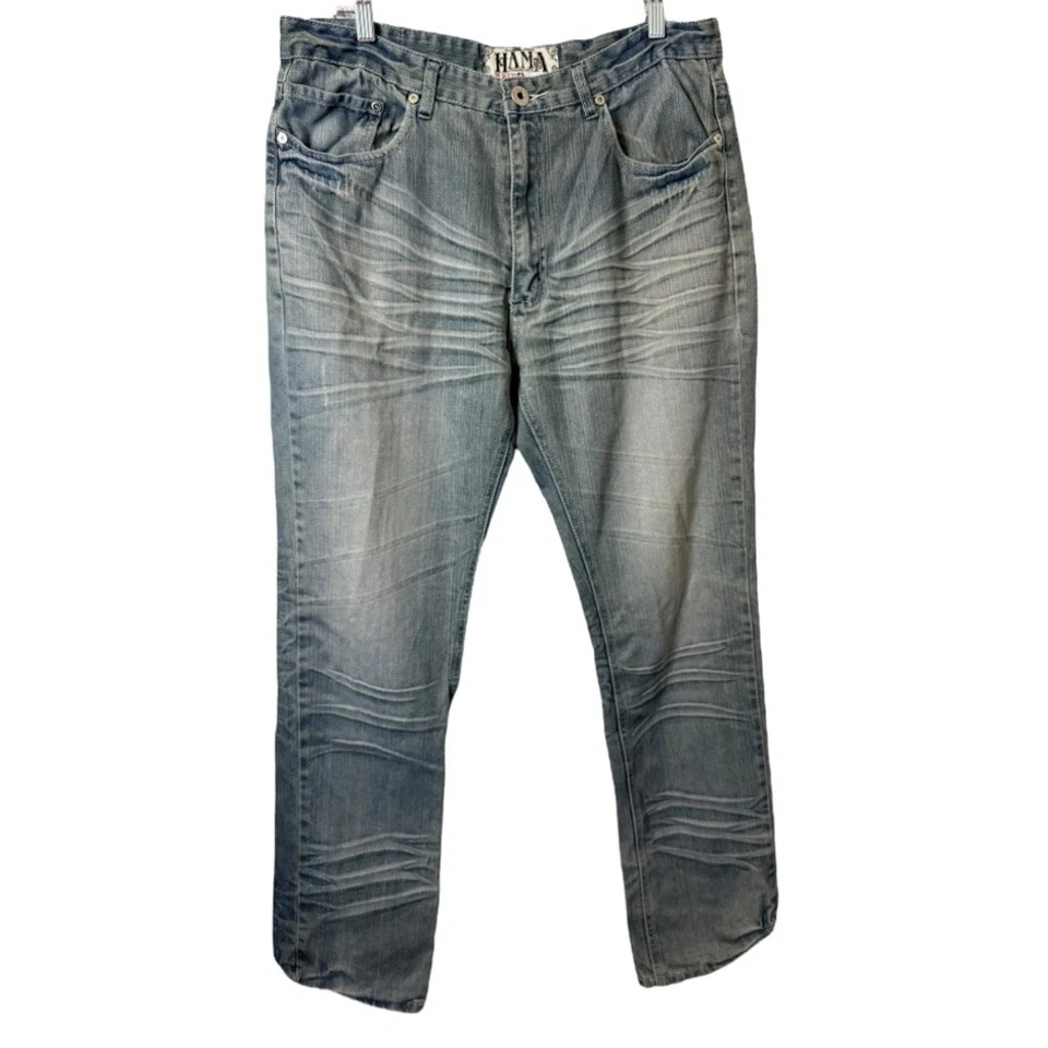 Pantalones de mezclilla vintage Y2K Hama para hombre 36x32 bordados con solapa bolsillo desgastados ropa de calle Foto 2 de 4