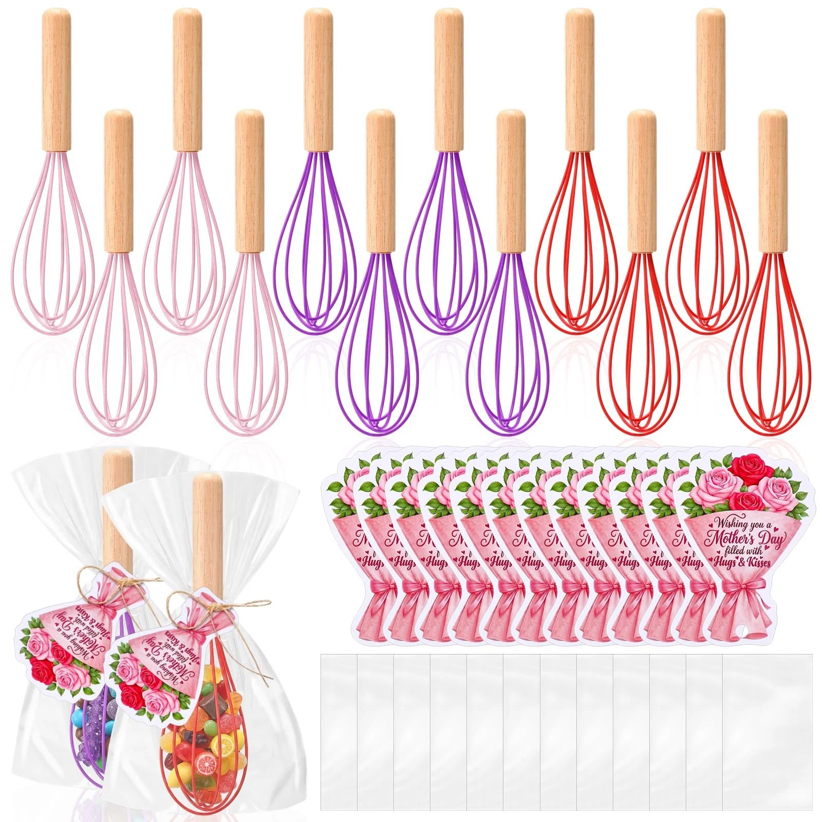 12 Set Mother's Day Party Gifts Set Silicone Whisks with Wooden Handle 9.84 I...