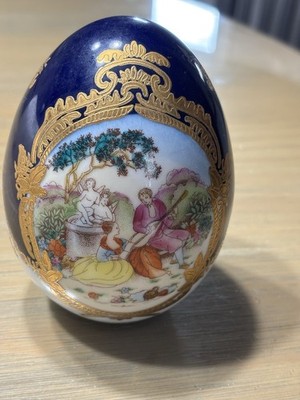 Vintage Reproduction L F Fine Porcelain Limoges Hand Painted Courting Couple Egg