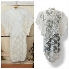 Vintage Victorian Flutter  Puff Sleeve Sheer Ivory Lace Formal Wedding Dress M/L