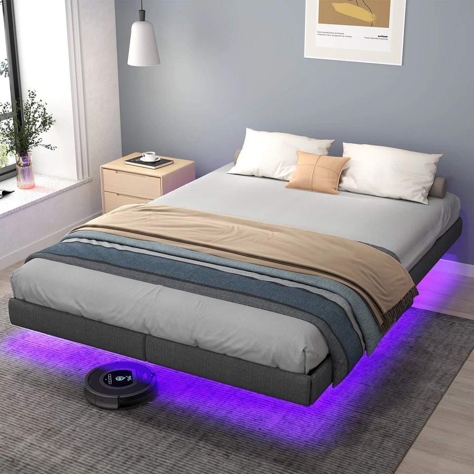 Marco de cama flotante tamaño queen con almacenamiento debajo de la cama, luces LED, plataforma de metal Foto 3 de 4