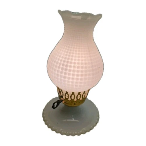 Vintage Hobnail Milk Glass Table Hurricane Lamp White Beaded Edge Cottage Style