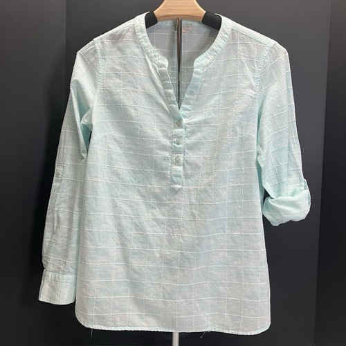 Talbots Womens Light Blue V Neck Plaid Roll Tab Long Slv Blouse Shirt Size SP - Picture 3 of 6