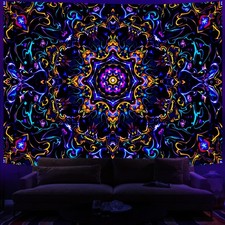 Vibrant UV Black Light 1pc Psychedelic Spiral Mandala Tapestry Polyester Wall H
