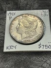 KEY AU+ 1901-P MORGAN SILVER DOLLAR. Nice even wear w/ toning. Solid eye appeal.
