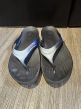 Oofos Oolala Sandals Womens Size 9 Black Blue Comfort Thong Logo Recovery Slide