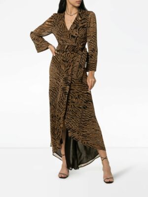 GANNI Brown Animal Tiger Print Wrap Maxi Dress XS EU 34 US SZ NWT
