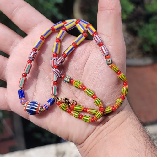 Venetian Style Chevron & WhiteHeart Glass Beads Multicolor Necklace - Picture 3 of 11