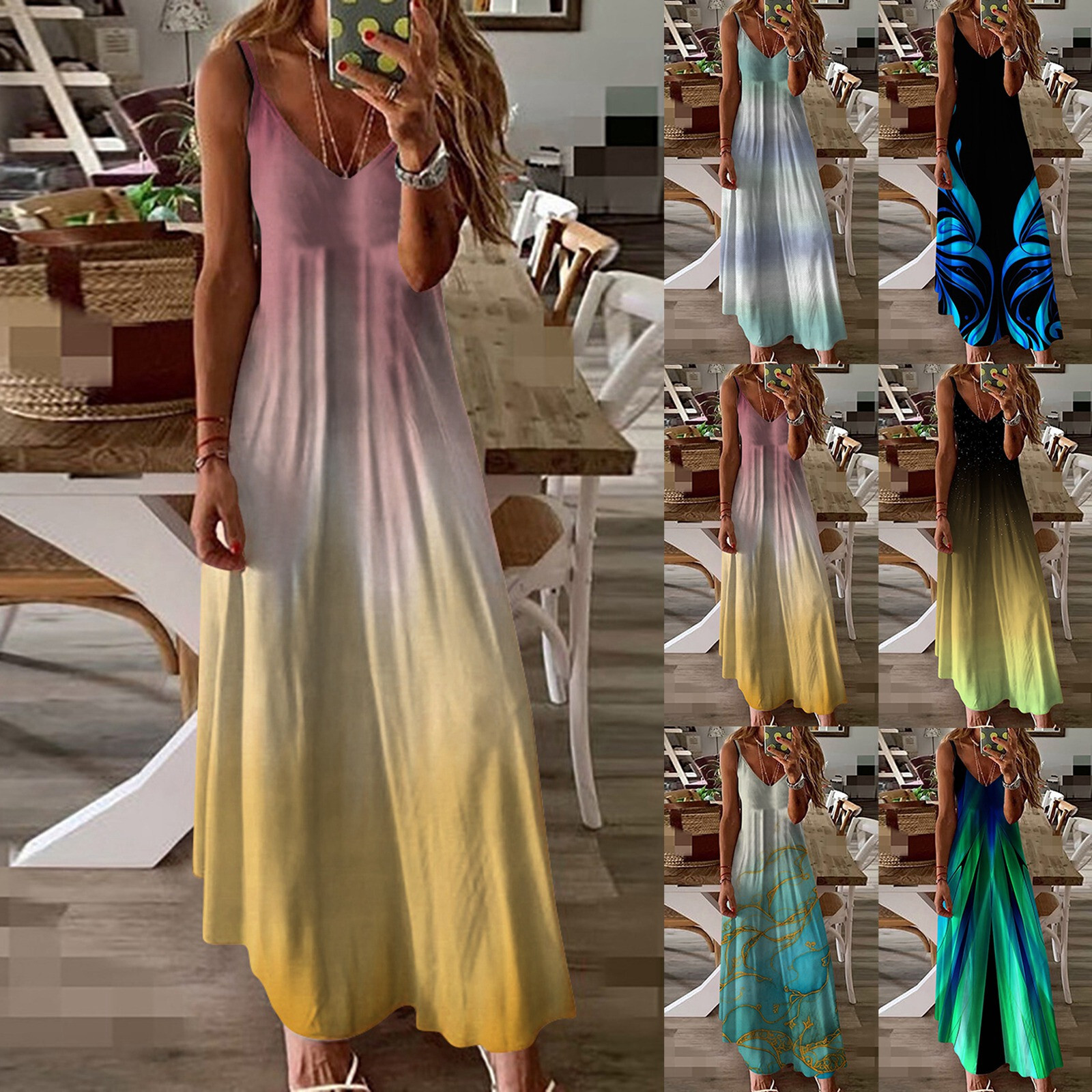 Gradient Stripes Women’s Summer Suspender Halter Dress
