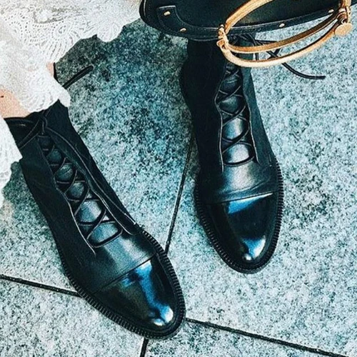 Stivali donna pelle verniciata stringati a punta scarpe basse casual calzature - Foto 3 di 14
