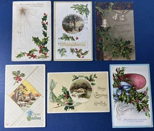 6 Christmas Antique Postcards. EMB. Gold Trim. Holly & Berries, Shining Star