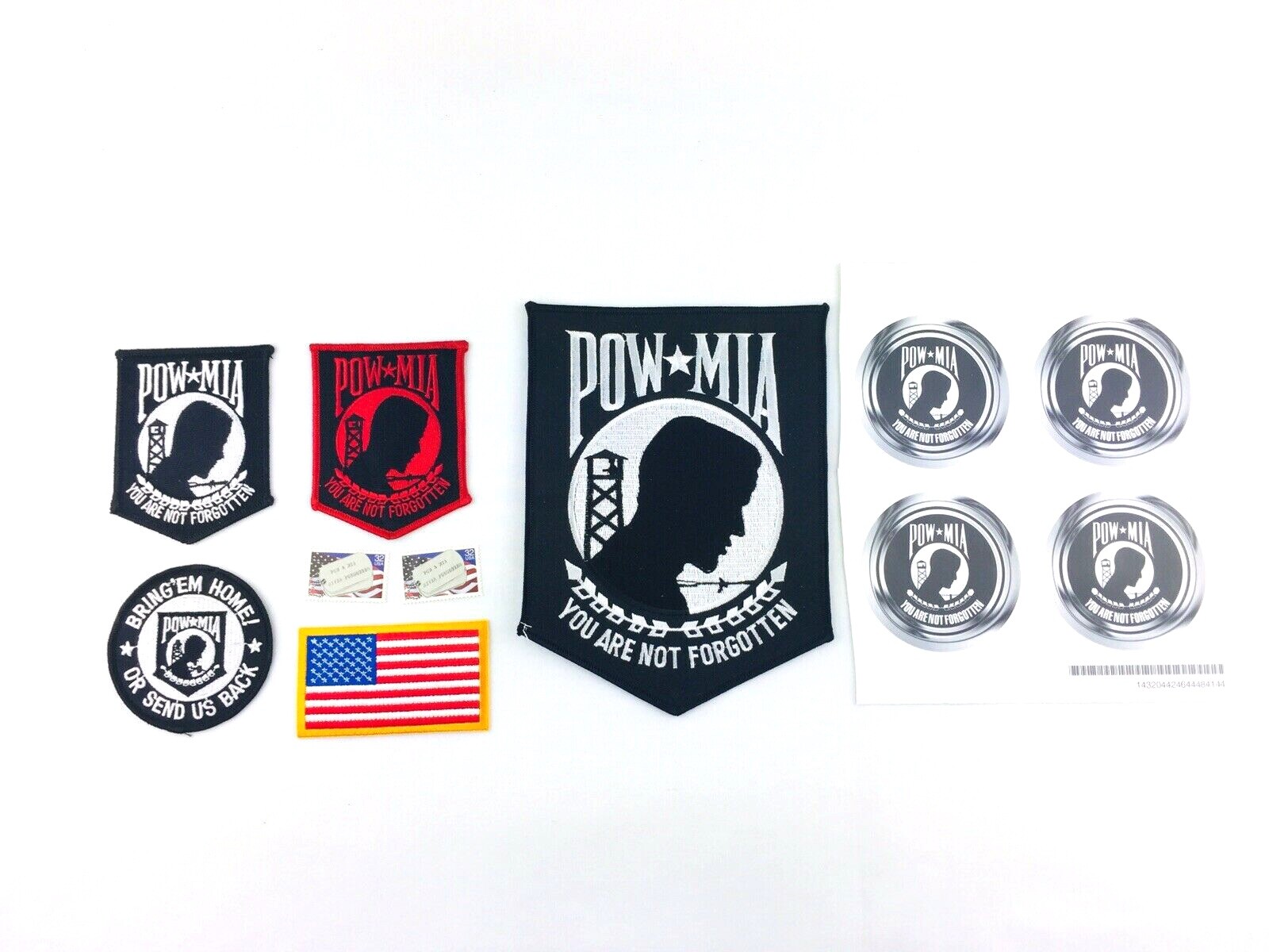 Lot of POW MIA Patches, Stamps, and Stickers