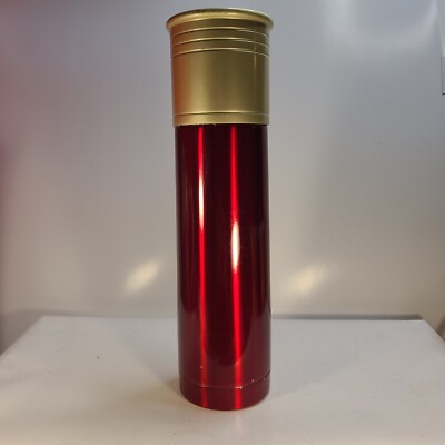 Shotshell Thermos Bottle 20 Gauge Shotgun Shell Travel Thermos Red Gold 10'' Tall