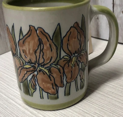 Louisville Stoneware Hand Painted IRIS Floral Coffee Mug Vtg HAPPY EASTER.  HTF