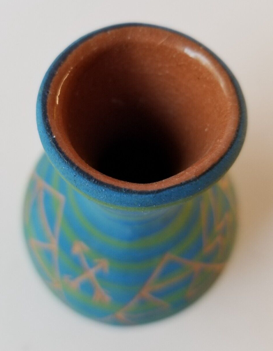 Vintage Sioux  Clay Vase Etched Turquoise Paint, Red Clay 4.25" Signed Hepo