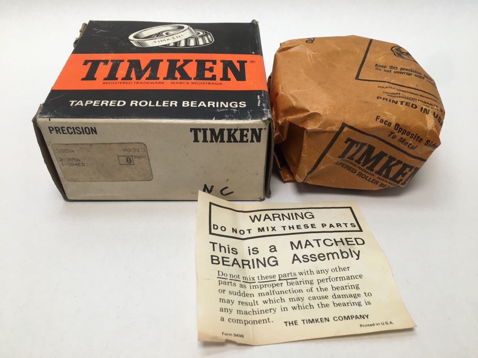 Timken 385A-90313 Double Taper Roller Bearing Cone and Cup 2 Inch ID 3-15/16 Inch OD Made in USA