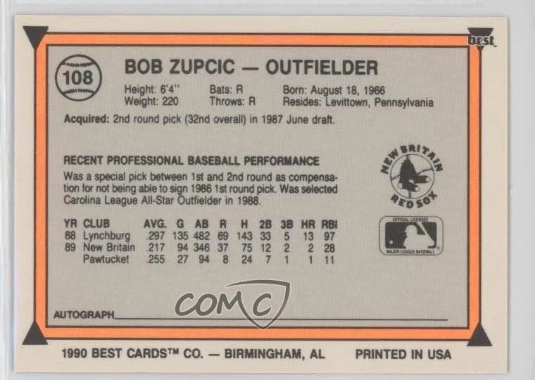 1990 Best Minor League Bob Zupcic #108 - Image 2 of 2
