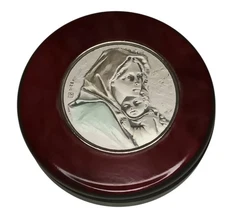 VTG Madonna & Child Rosary Box Sterling Silver & Wood Jewelry Trinket Box 3"x1"