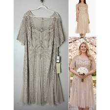 Adrianna Papell Dress 26W Tan Gold Sequin Beaded Floral Wedding Guest Cocktail