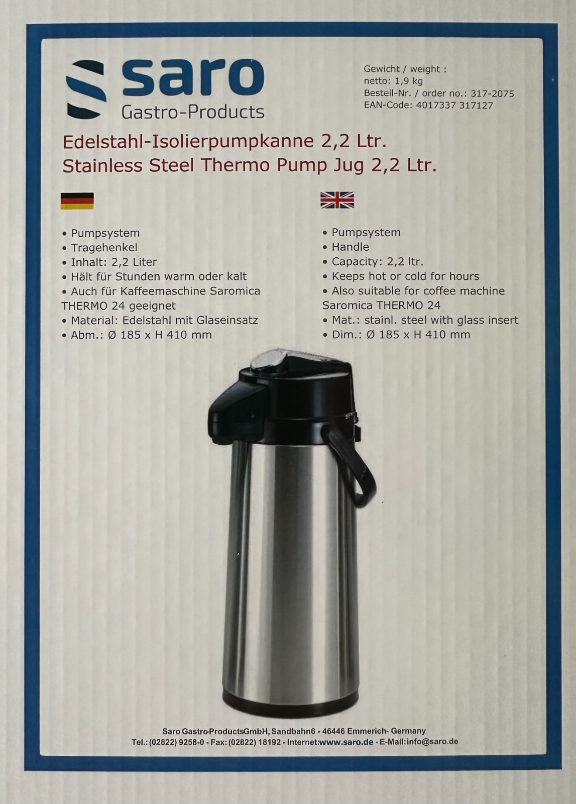 Thermoskanne SARO Isolierpumpkanne Isolierkanne Pumpen 2,2 Liter Edelstahl Glas