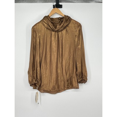 NWT Per Se Silk Metallic Brown Long Sleeve Blouse Size 10 Classic Quiet Luxury