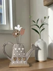 Decorative Felt Watering Can with Wooden Flowers, Grey Easter Decor, 25cm Spring