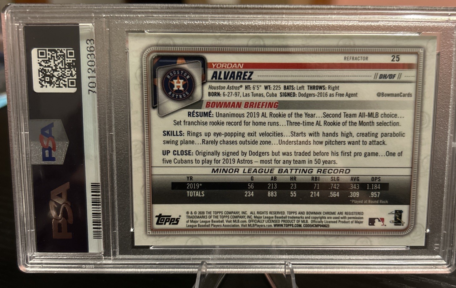 2020 Topps Bowman Chrome Yordan Alvarez Rookie #25 Refractor /499 PSA 9 view 2