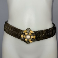 Vtg Metal Chain Mail Elastic Belt Rhinestones Buckle Art To Wear READ