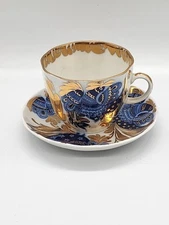 Russian USSR Imperial Lomonosov Porcelain Blue Bird Golden Garden Tea Cup Set 