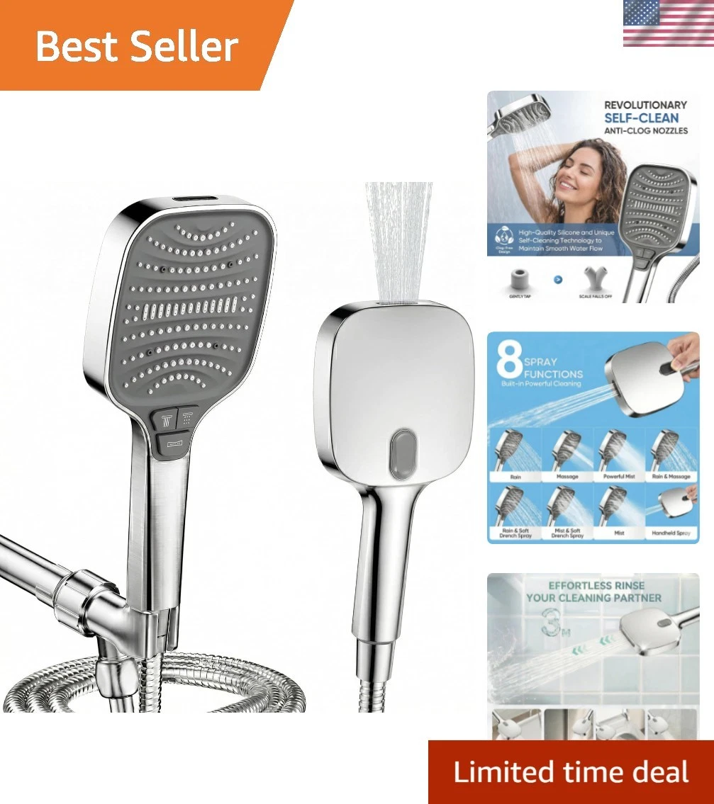 High Pressure Shower Head with Handheld, 8 Functions, Anti-clog Nozzles, Buil...